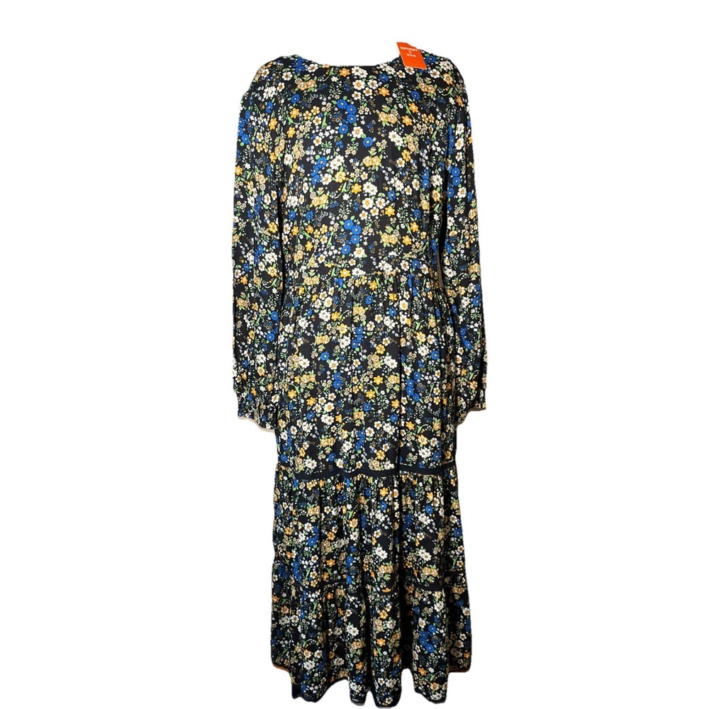 Superdry‎ Floral Yellow and Black Long Sleeve Midi Dress Size 10